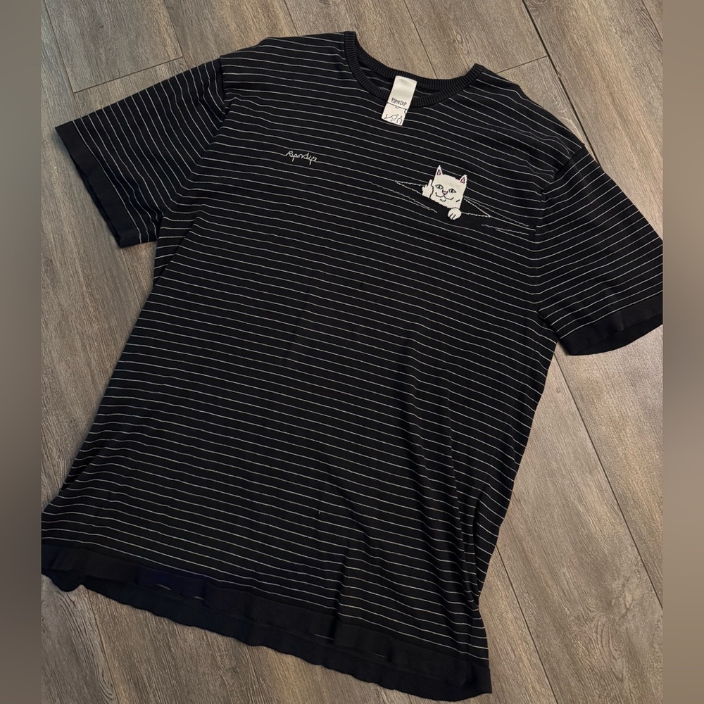 Ripndip Black and White Striped fine knit Tee with Cat Graphic